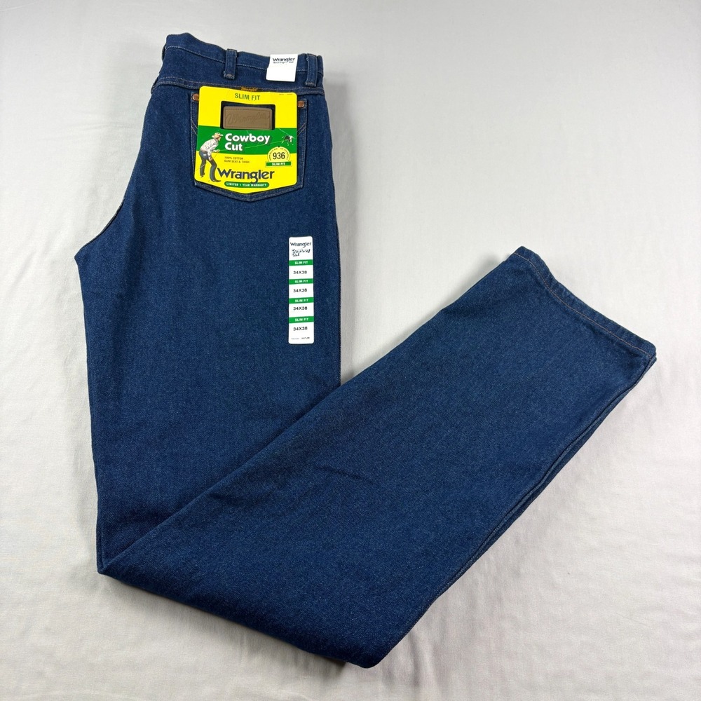 Vintage Wrangler Jeans Men 34x38 Blue Cowboy Cut Slim Western Workwear Denim NEW